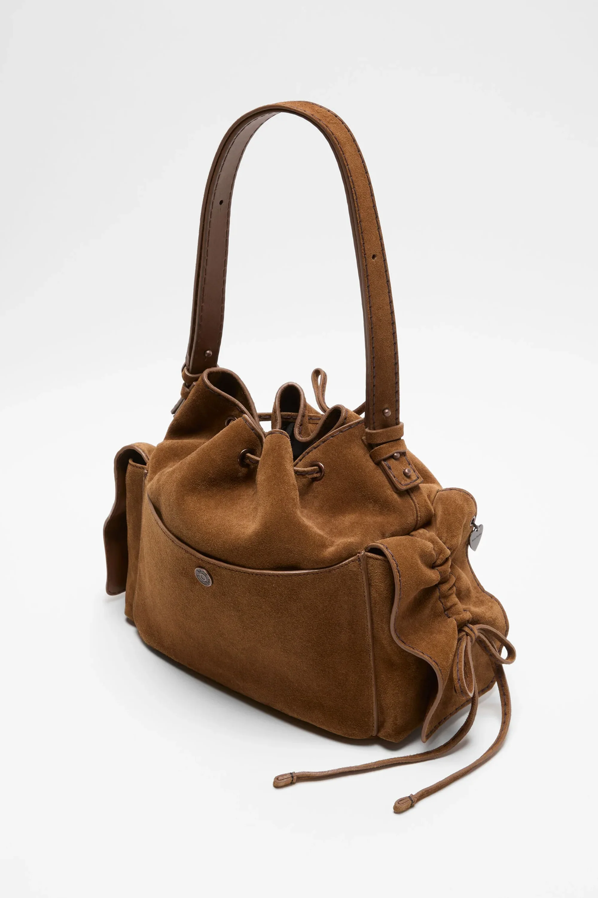 Multipocket Suede Bucket Bag Cognac Brown - Image 3