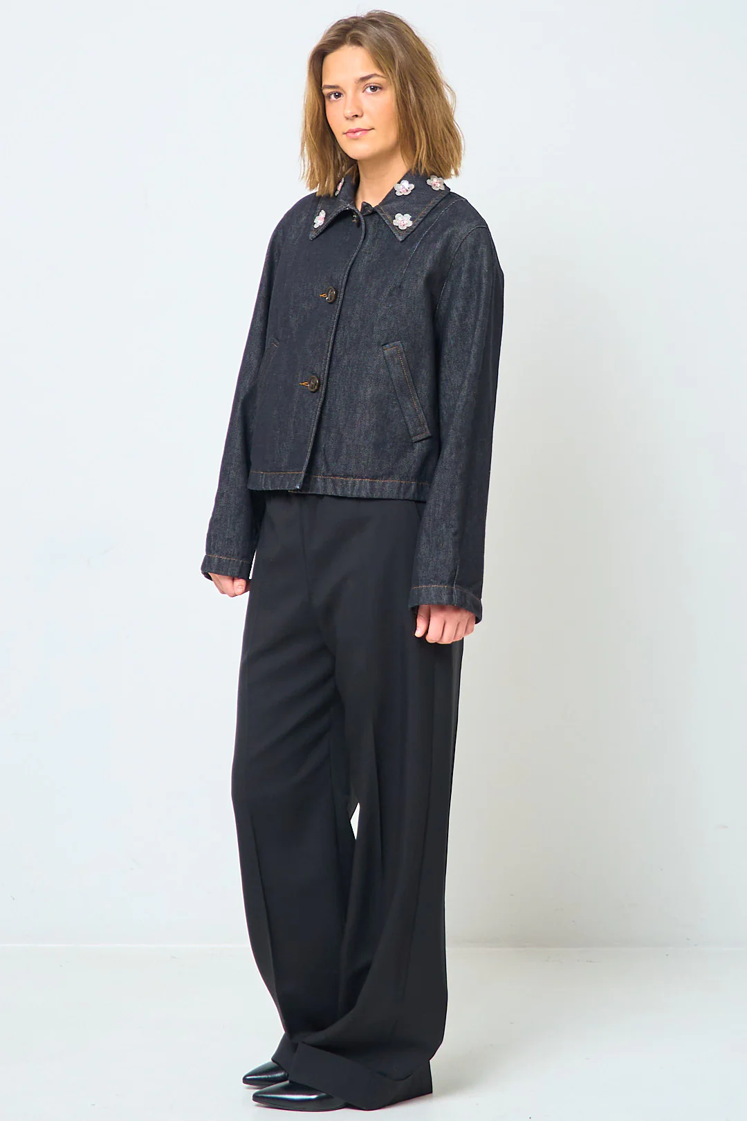 Black Denim Jacket With Daisies - Image 4