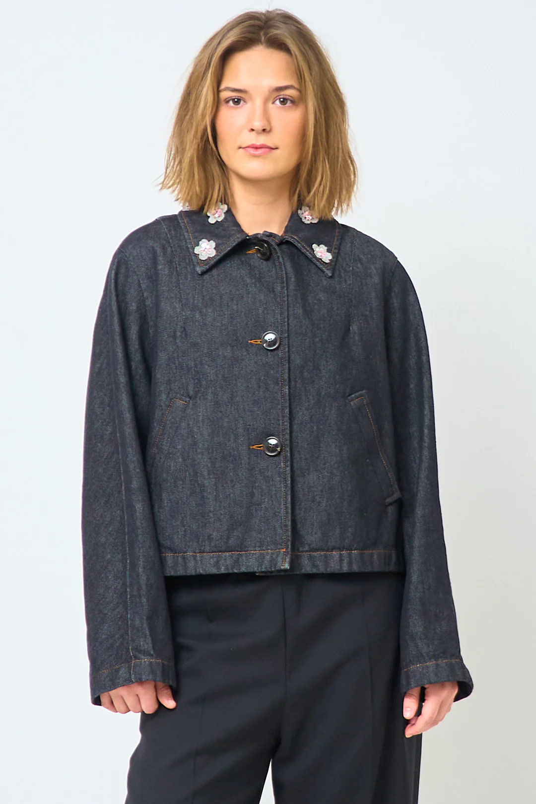 Black Denim Jacket With Daisies - Image 6