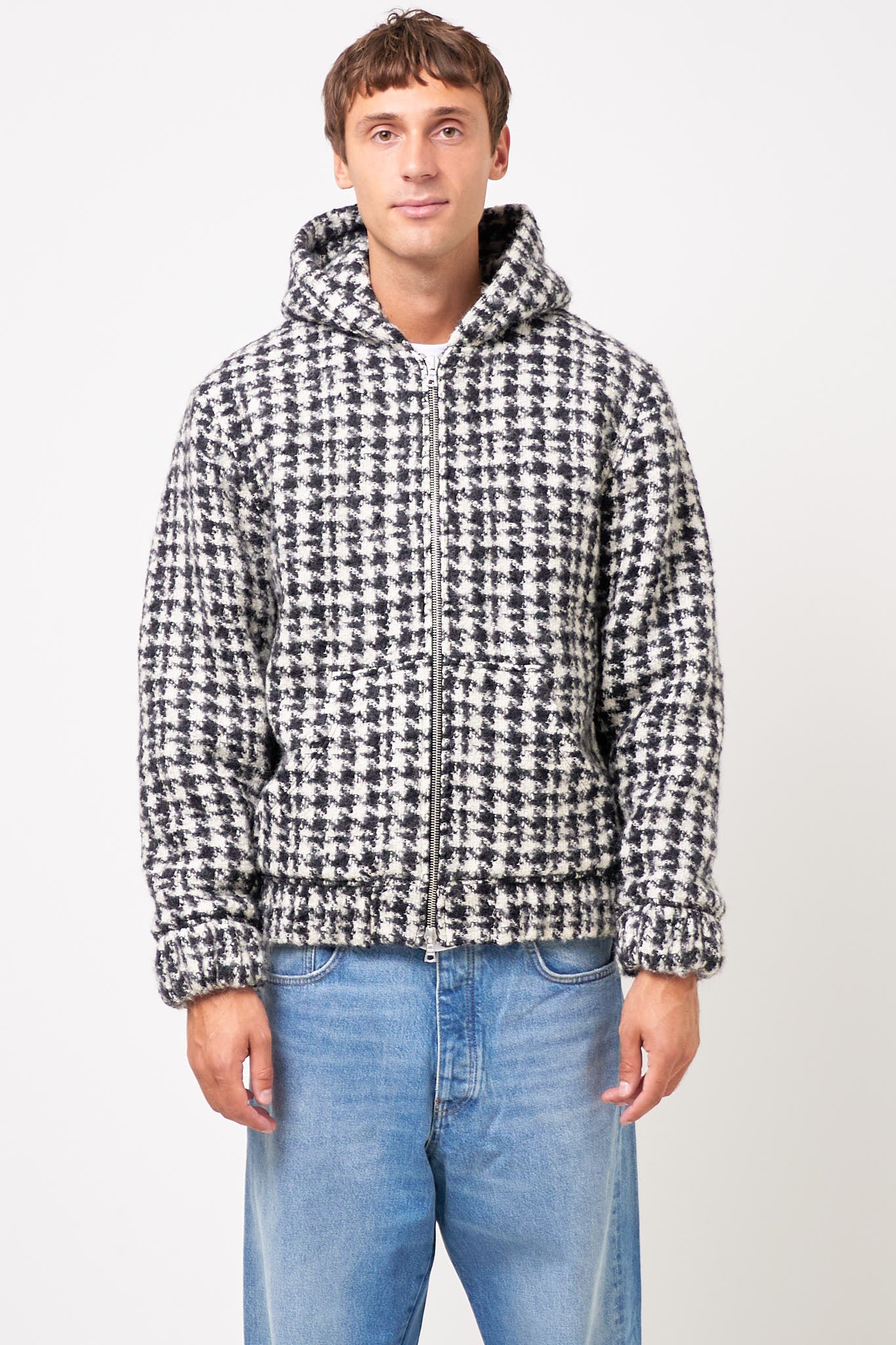 Bouclé Hooded Zip-Up Jacket Houndstooth Black/White - Image 9