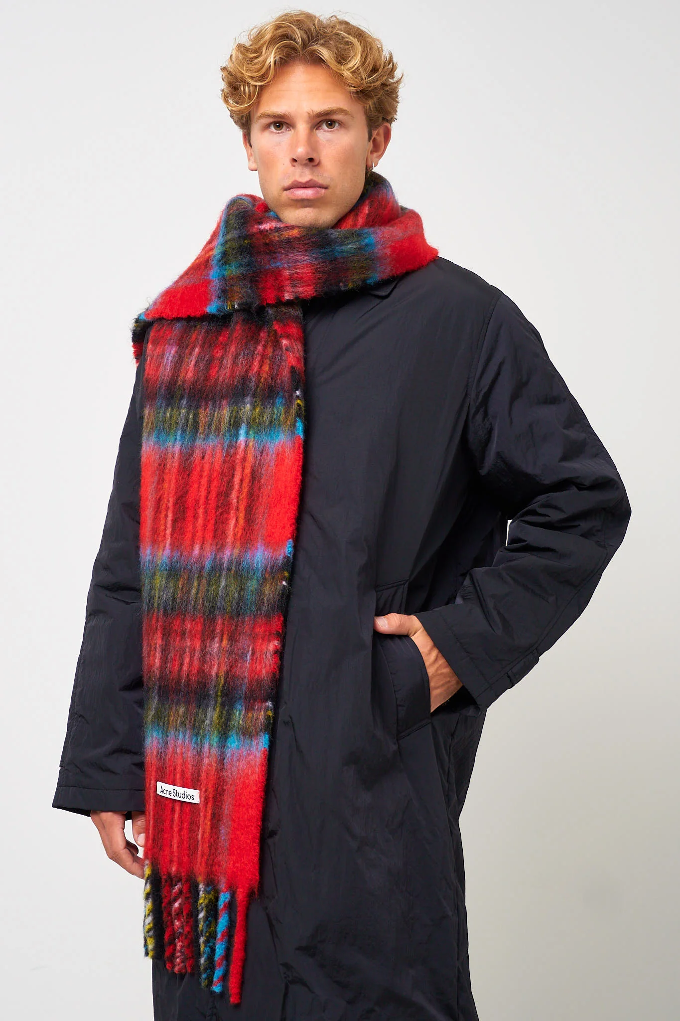 Mohair Check Scarf Red/Blue - Image 4